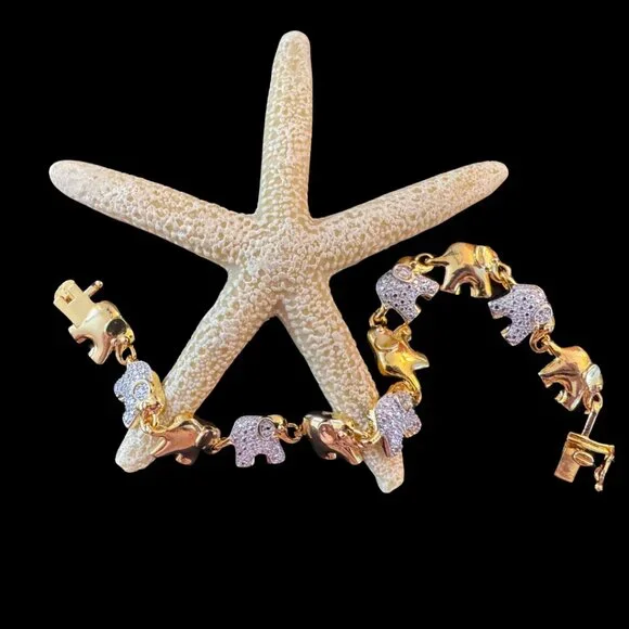 Elephant Tennis Bracelet Gold Plated Signed BR KRN 8" - Picture 3 of 7